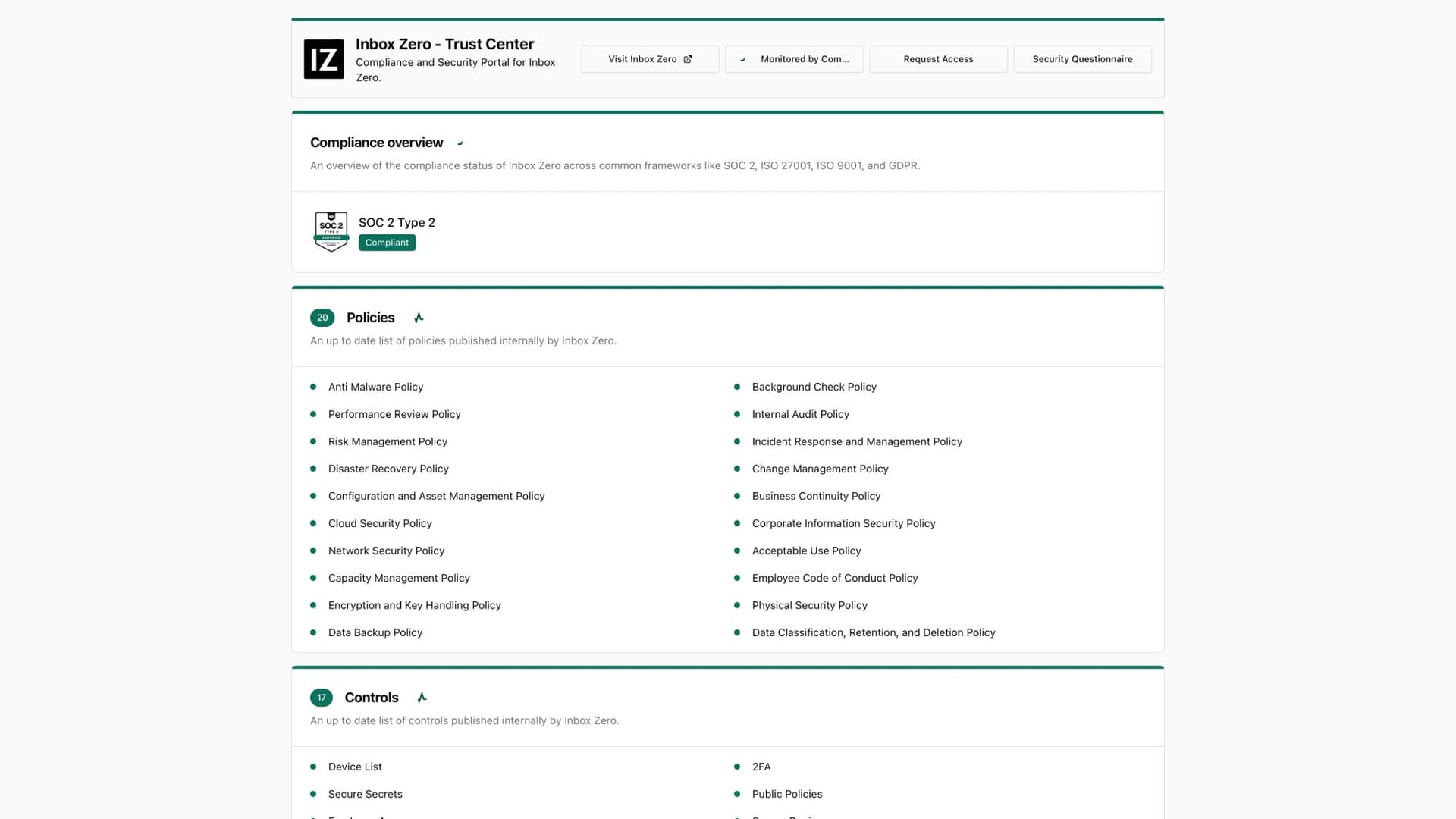 Inbox Zero Security Trust Center with SOC 2 Type 2 compliance and enterprise security policies